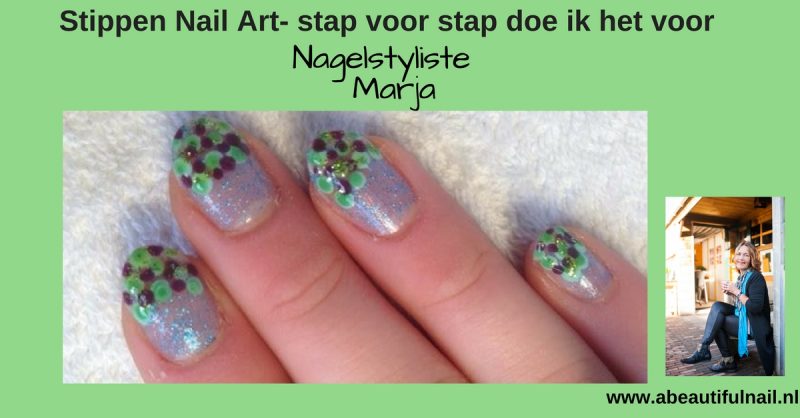 Stippen Nail Art- stap voor stap doe ik het voor, hand met groen, blauwe, en paarse stippen